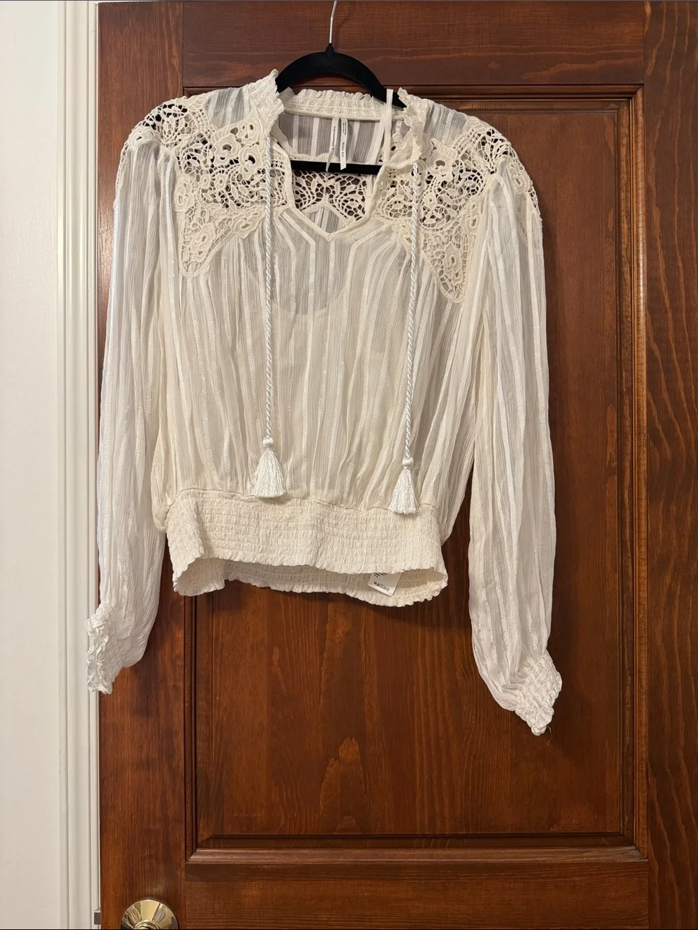 Anthropologie Cream Lace-Trim Peasant Blouse